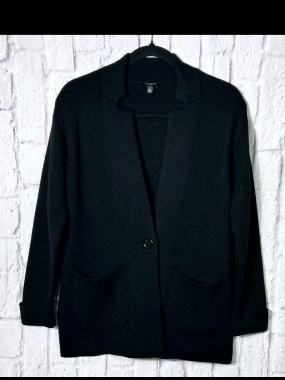 Talbots Black Single Button Knit Blazer Sweater Cardigan Lamb's Wool Nylon Money